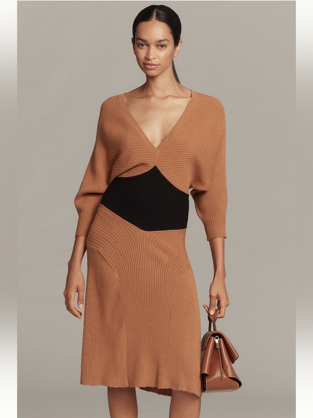 Anthropologie Glam Minimalist Ribbed Knit Sweater Dress Black Flax Tan 1X NWT